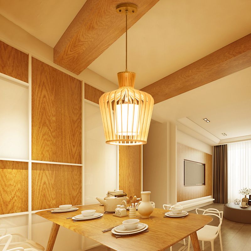 Modernismo urna/calabaza iluminación colgante de madera 1 lámpara colgante de bombilla en beige para comedor