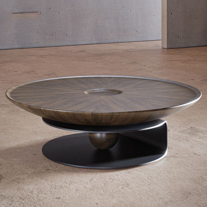 Modern Style Wood Table with Round Black Metal Abstract Base Coffee Table