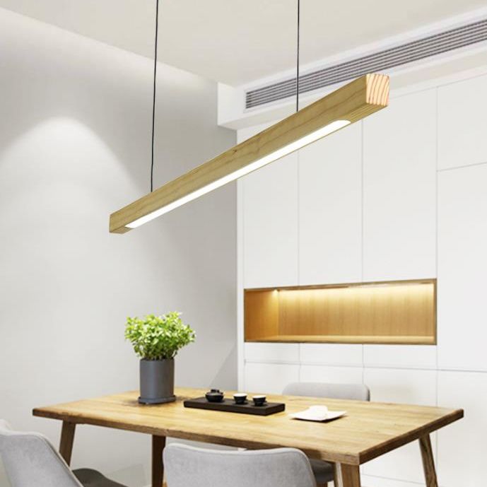 Solid Wood Rod Pendant Lighting Simplicity Beige LED Island Ceiling Light for Diner