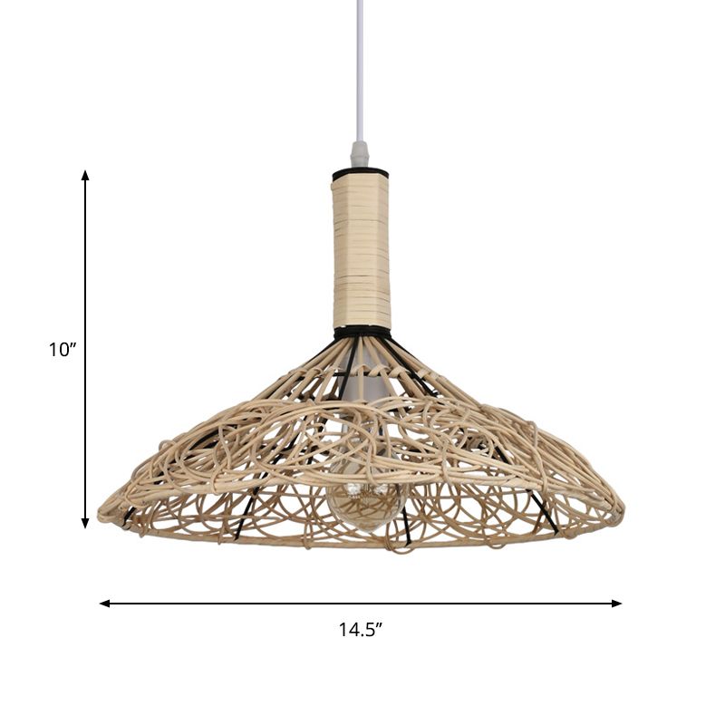 Cono Techo Luz Rattan asiático 1 Bulbo Posteo de madera Luz de luz para sala de estar