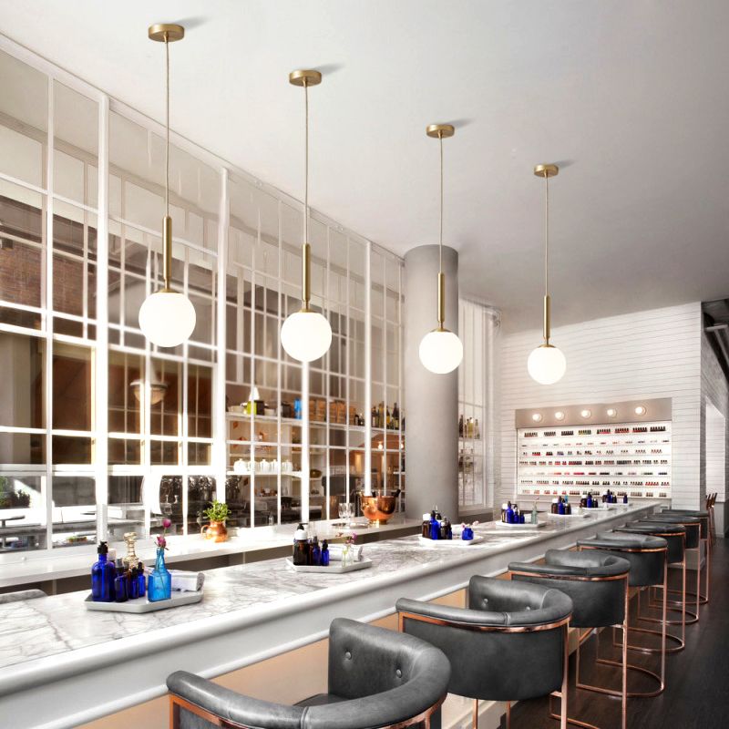 Modern Pendant Light Fixture White Glass 1-Light Dining Room Drop Light in Brass