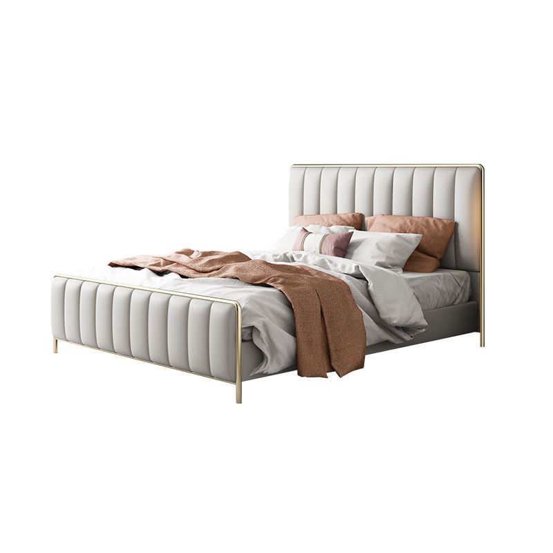 Glam Standard Bed Upholstered Headboard Solid Wood Beige Panel Bed