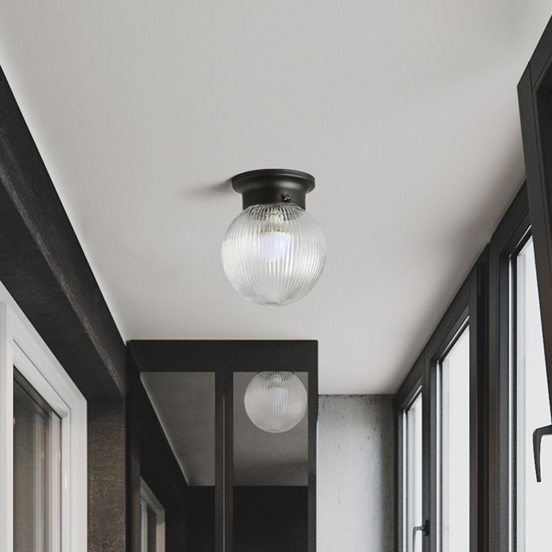 One Light Globe Flush Mount Black/Clear Industrial Ribbed/Opal/Prismatic Glass Lighting Fixture, 6"/6.5" Wide