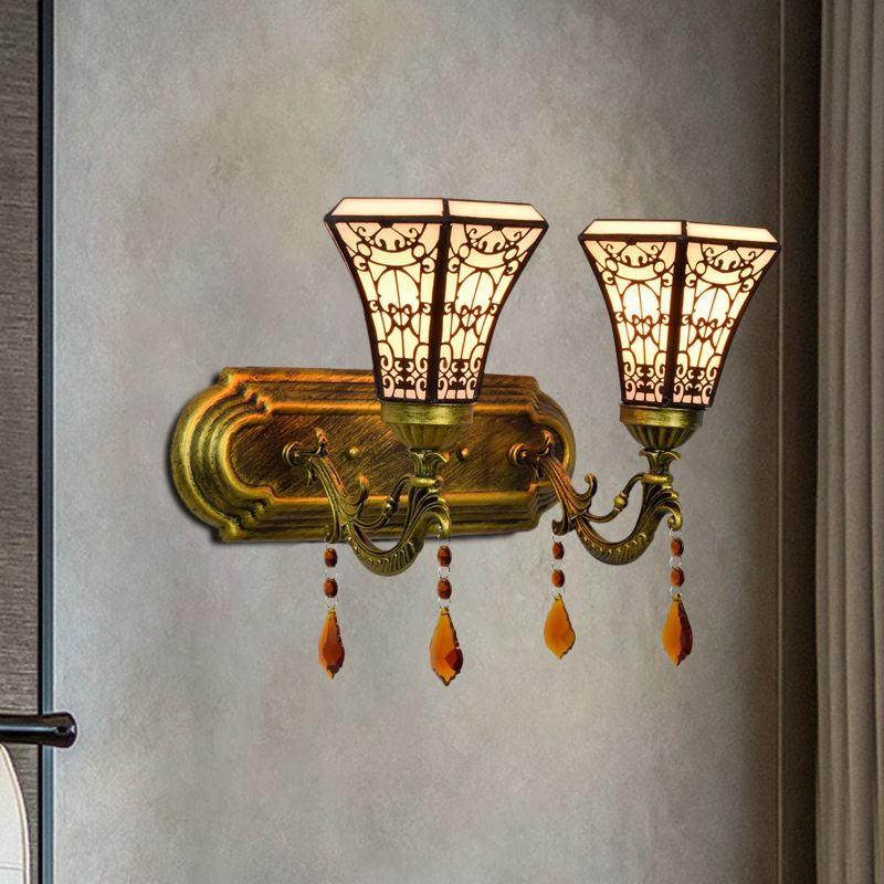 Brass 2 Bulbs Wall Mounted Lamp Mission Stained Glass 4-Sided Pyramid/Flared Wall Sconce Lighting