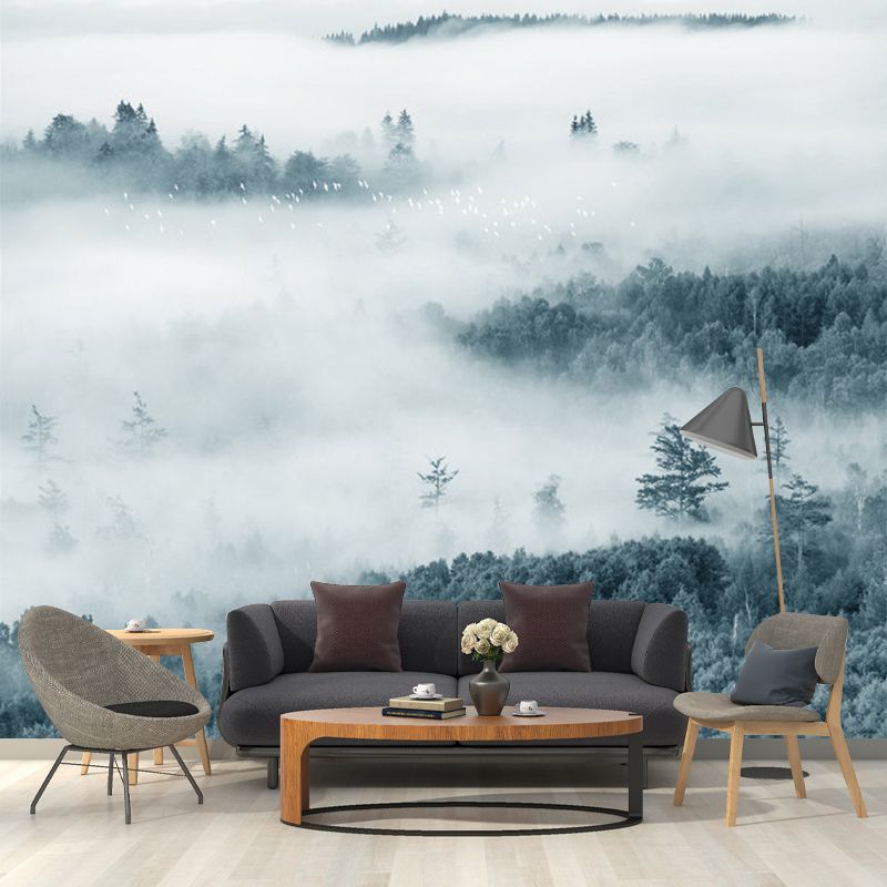 Misty Mountain Overlook Mural Wallpaper Grey and Green Contemporary Wall Decor for Bedroom