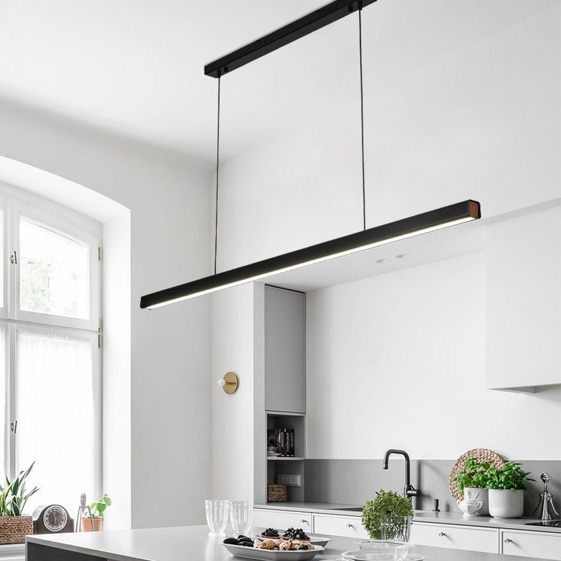 Black Long Strip Minimalism LED Island Light Aluminum + Walnut Nordic Style Suspension Lighting Fixture for Dining Room