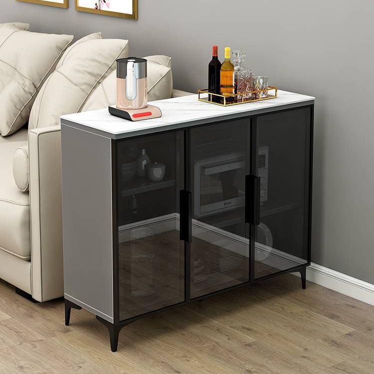 Glass Doors Buffet Server Stone Top Glam Style Kitchen Server for Dining Room