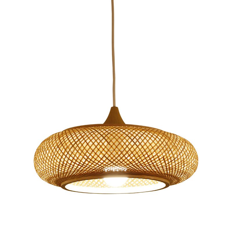 Modernism Round Bamboo Pendant Lamp 1 Head Hanging Ceiling Light in Beige for Tea Room