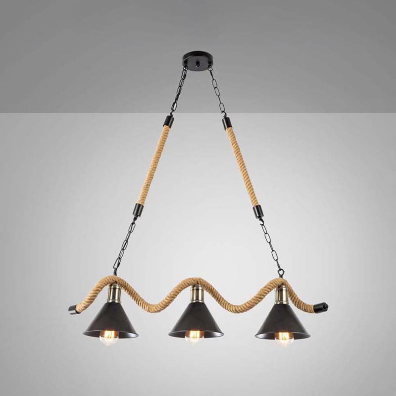 3 / 5 - Light Pendant Ceiling Fixture Iron Cone Shade Kitchen Island Light with Hemp Rope