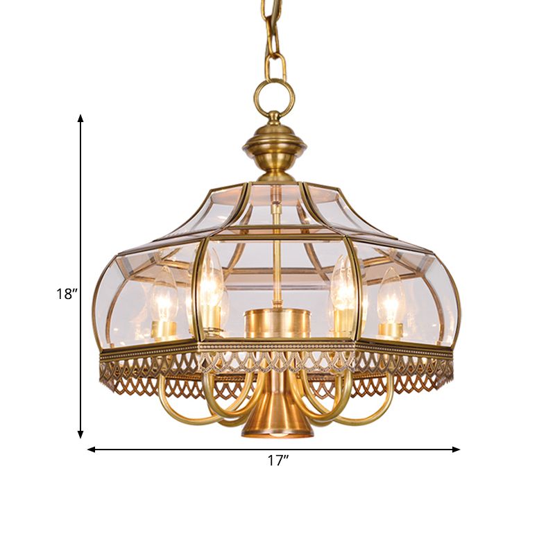 Clear Glass Gourd Chandelier Light Fixture Traditional 7 Bulbs Dining Room Ceiling Pendant Lamp in Brass