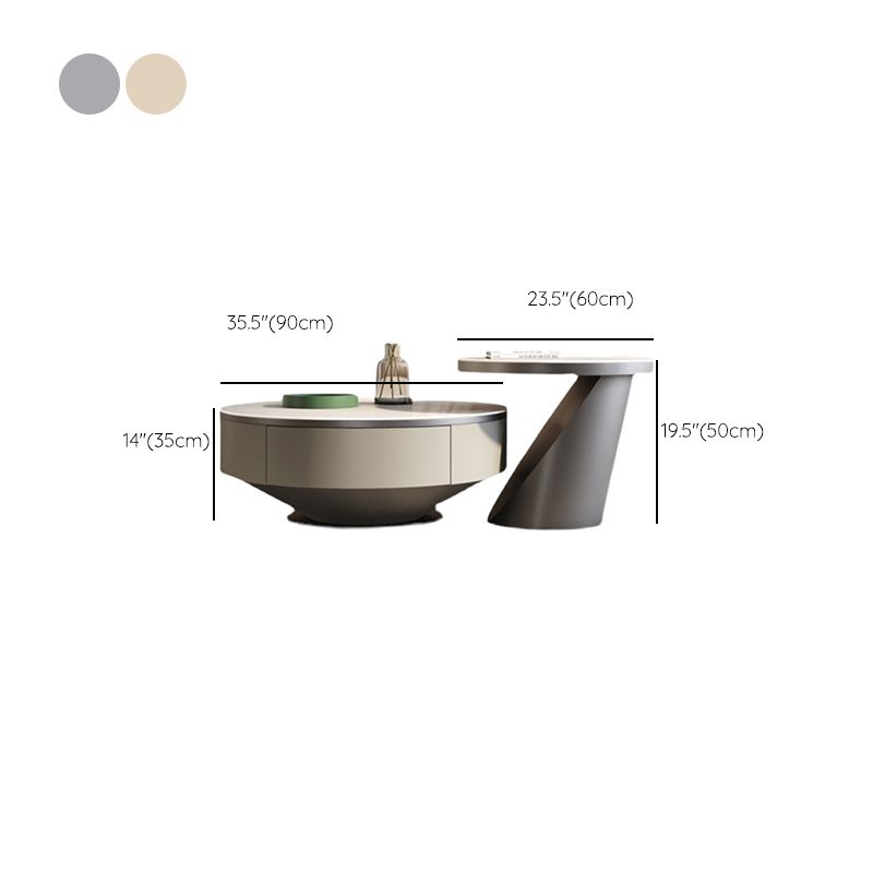 Modern Pedestal Coffee Table Slate Round 2-Piece Coffee Table Set