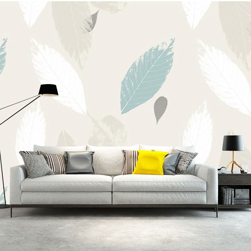 Blue and Yellow Leaves Murals for Wall Stain Resistant Modern Bedroom Wall Covering