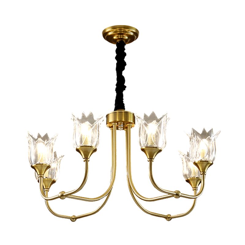 Flor de vidrio transparente luz posmoderna 6 cabezas comedor lámpara lámpara en oro