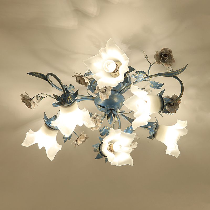 Flower Cream Glass Flush Mount Light Pastoral Style Bedroom Semi Flush Ceiling Light in Blue