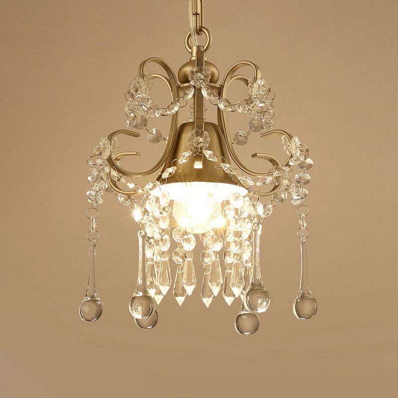 Crystal Drip Scrolling Pendant Light Fixture Modernist 1 Head Cloakroom Suspension Lamp in Gold