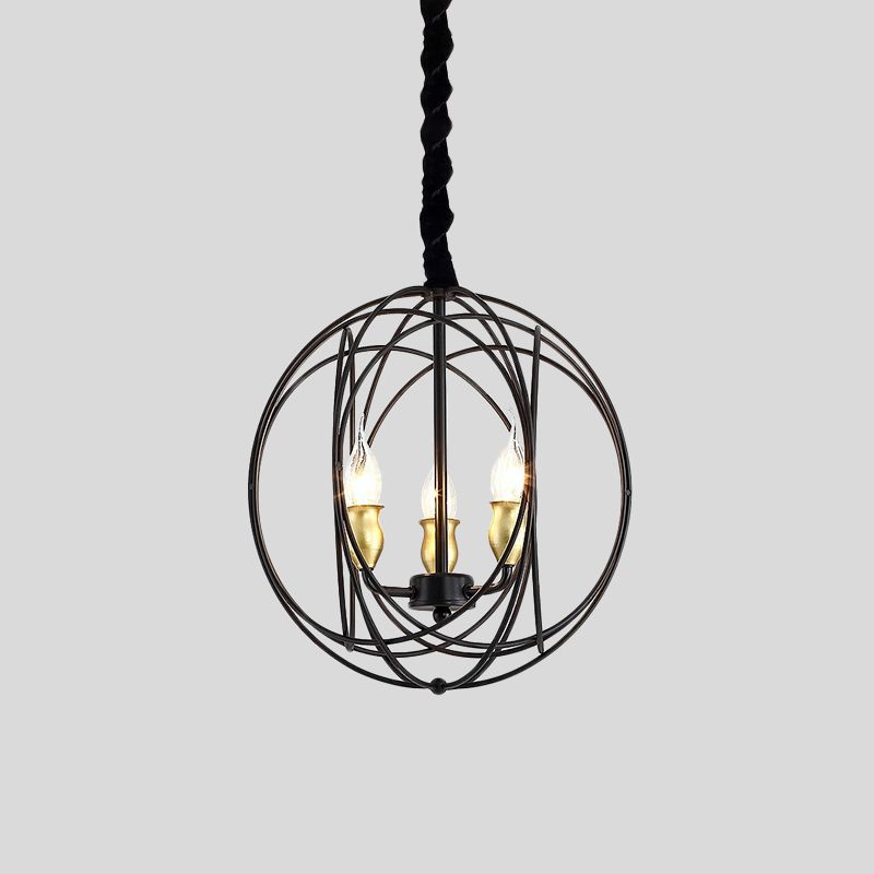Plafond de bougie noire pendentif rustique métal 3 ampoules Lumière de lustre avec cage globe