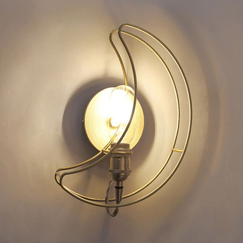 1 Light Wall Lighting with Moon Cage Shade Metal Loft Style Bedroom Sconce Light Fixture in Gold