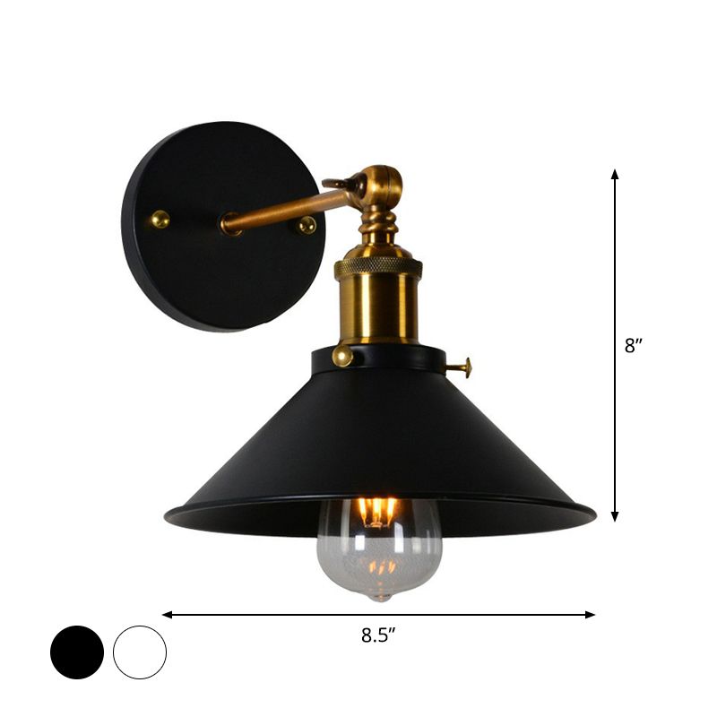 Rolled-Edge Cone Kitchen Wall Lamp Countryside Metal 1 Bulb Black/White-Brass Wall Mount Lighting with Adjustable Joint