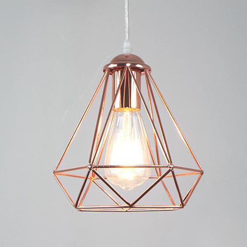 Electroplated Rose Gold Hanging Light Iron Cage Shade Industrial Style Single Bulb Lighting Fixture for Bedroom