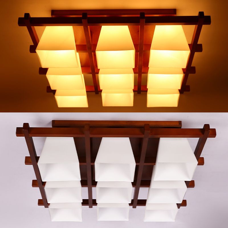 Red Brown Checkered Ceiling Fixture Modern Wooden Flush Mount Light with White Glass Shade