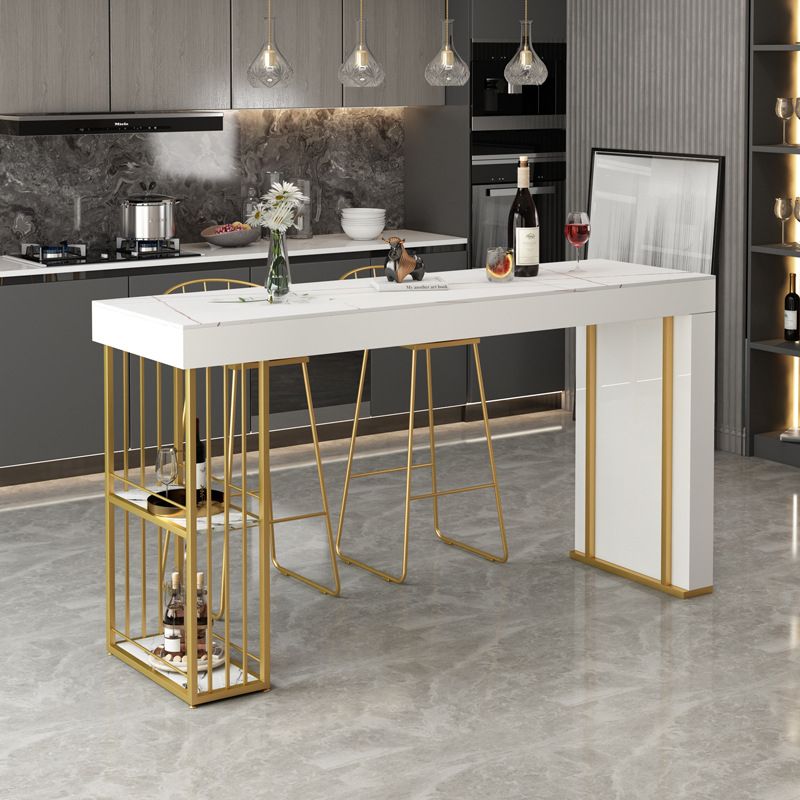 Rectangle Gold Marble and Wood Bar Living Room Pub Table with Double Pedestal