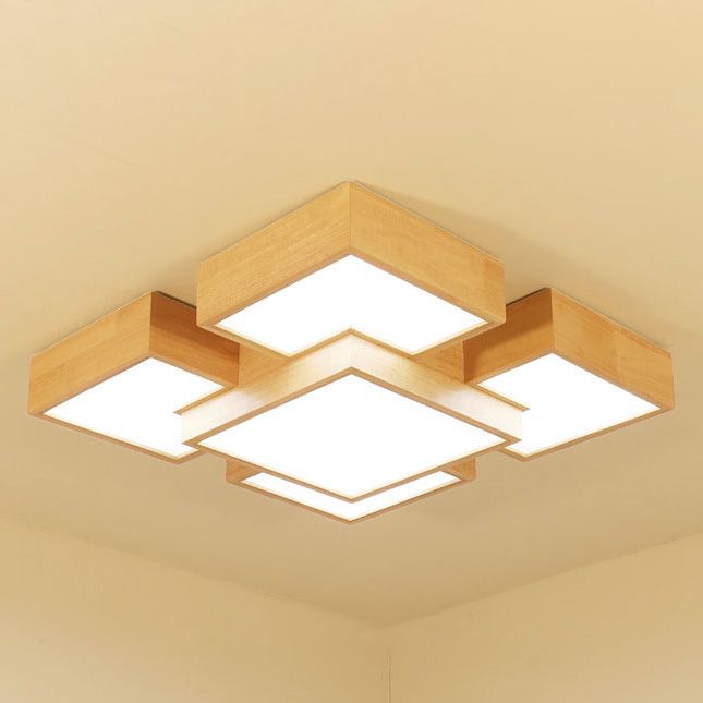 Wooden Flush Mount Ceiling Lighting Fixture Modern Multi-head LED Ceiling Light