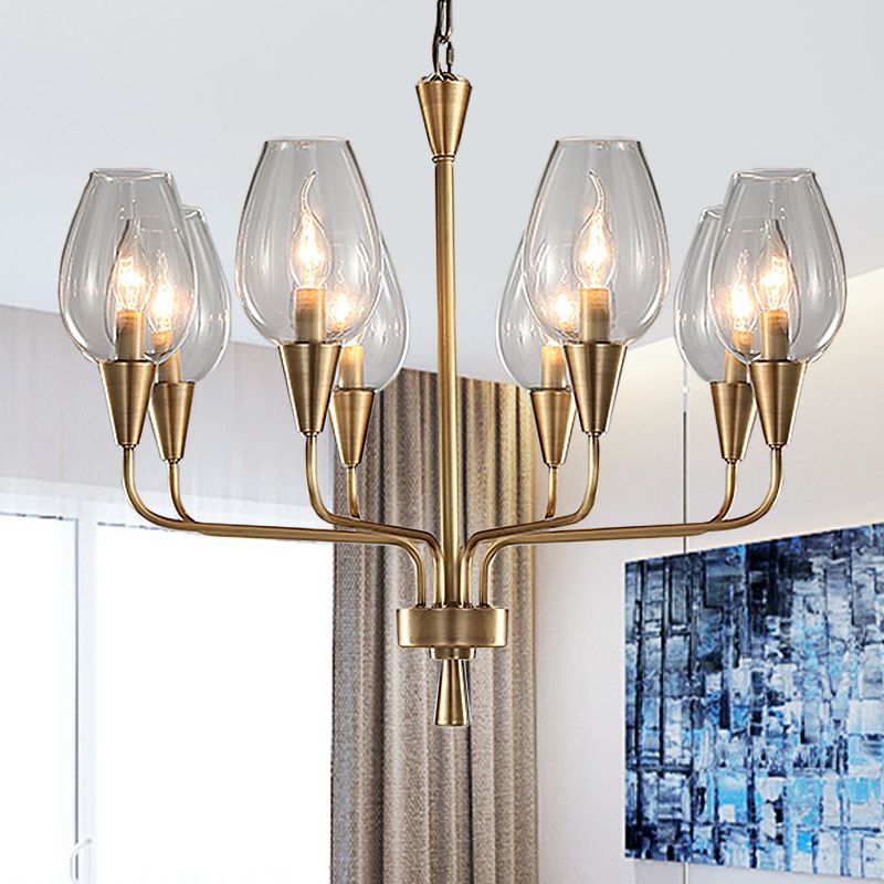 Clear Glass Cup Hanging Lighting Modernism 8-Head Pendant Chandelier in Brass with Curved Arm