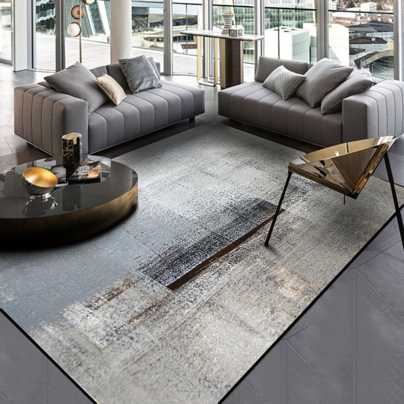 Grey and Khaki Contemporary Rug Polyester Abstract Rug Washable Non-Slip Backing Carpet for Living Room