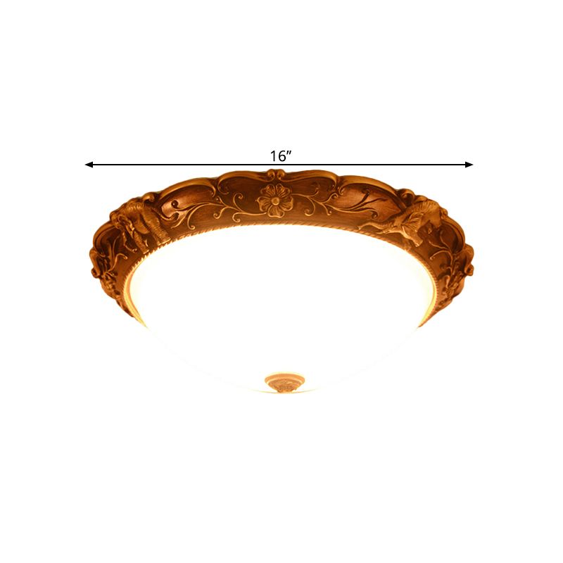 Opaline Glass Brass Flush Lamp Dome 16"/19.5" W 3-Bulb Rustic Style Ceiling Fixture with Carving Flower and Elephant Trim