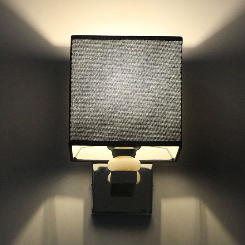 Nordic Cubic Wall Sconce Fabric 1-Light Dining Room Wall Mount Light Fixture in Beige/White/Flaxen