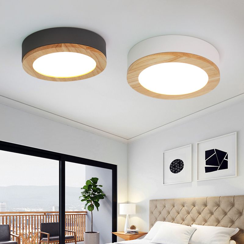 Drum Ceiling Light, Kids Flush Mount Light Fixture with Wood and Acrylic Shade for Bedroom