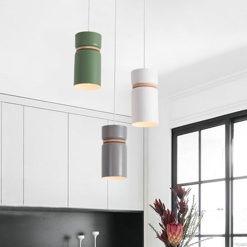 Macaron 3 Light Cluster Pendant Metallic White-Grey-Green Tube Hanging Light with Wood Band