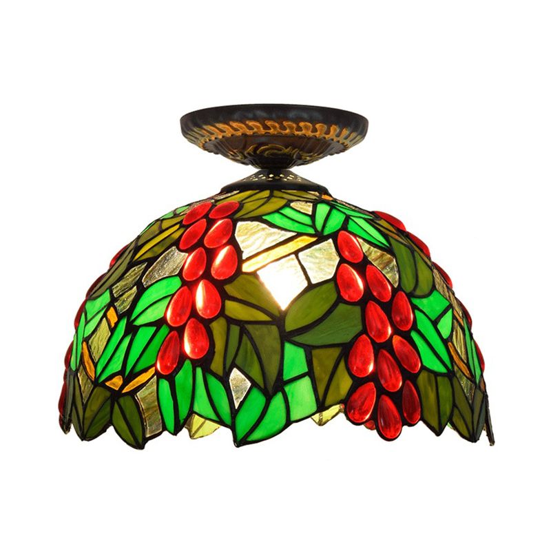 12"/16.5" W Victorian Domed Flush Ceiling Light 1 Light Stained Glass Lighting Fixture in Brass with Grape Pattern