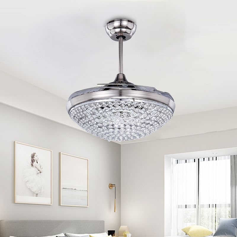 Zeitgenössische Deckenlüfter Leichtkristall -LED -Flush -Montierung in Nickel mit Fernbedienung/Frequenzumwandlung