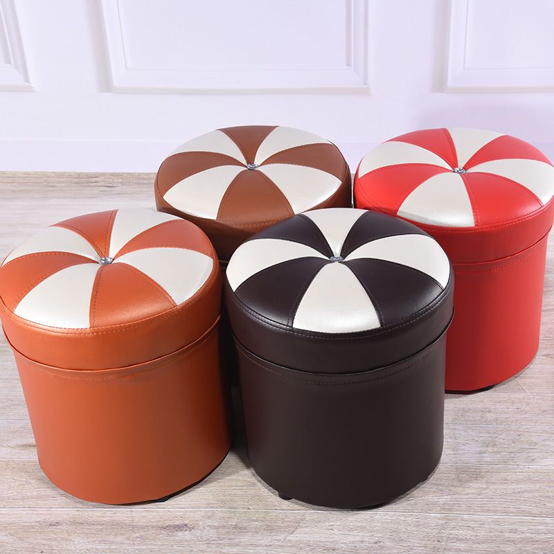 Minimalist Round Ottoman Contrast Panel Faux Leather Indoor Round Chair Ottoman