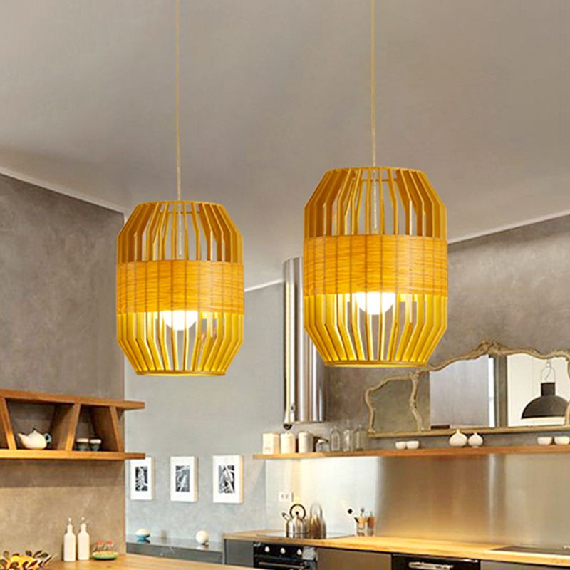 Japanese Laser Cut Hanging Light Wood 1 Bulb Pendant Lighting Fixture in Beige for Restaurant