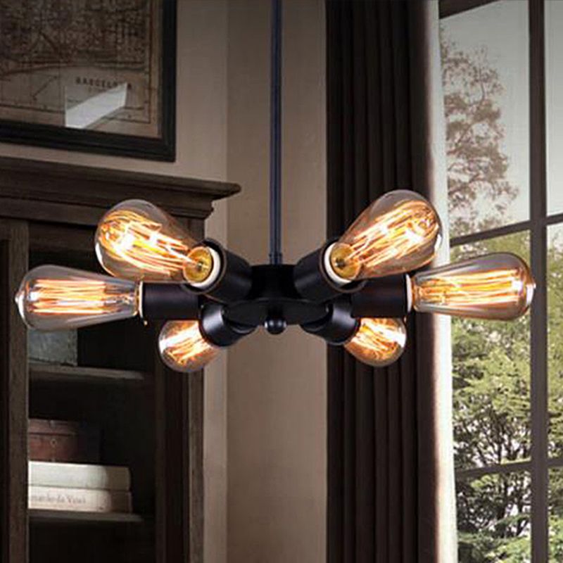 Industrial Exposed Pendant Light 6 Bulbs Metallic Adjustable Chandelier Lighting in Black for Study Room