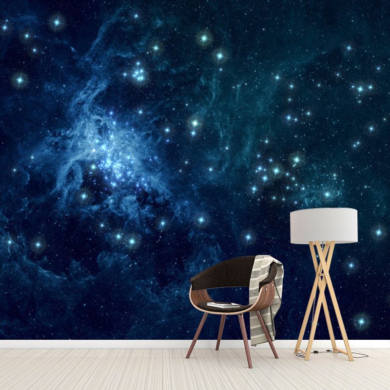 Whole Gleaming Galaxy Mural Wallpaper for Living Room Stars Wall Art in Blue, Water-Resistant