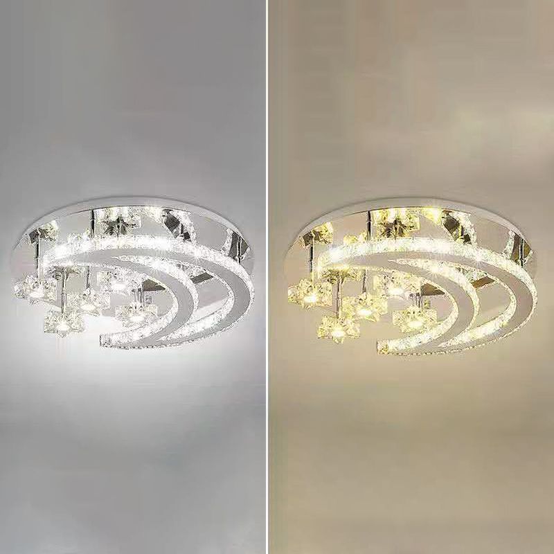 Ringed Shape Semi Flush Mount Modern Style Crystal Flush Ceiling Light in Silver