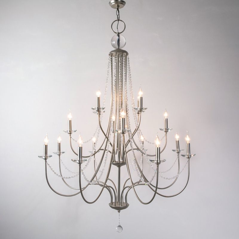 Country Style Candlestick Chandelier Metallic Hanging Light Kit with Crystal Strand