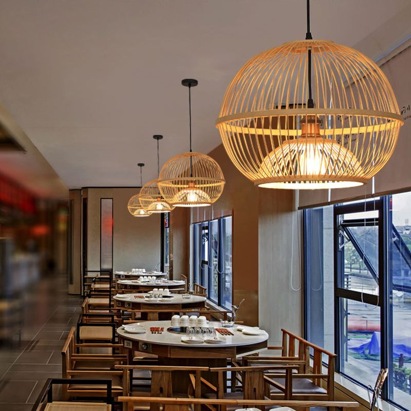 Bamboo Sphere Shaded Suspension Lighting Minimalist 1 Head Wood Pendant Ceiling Light