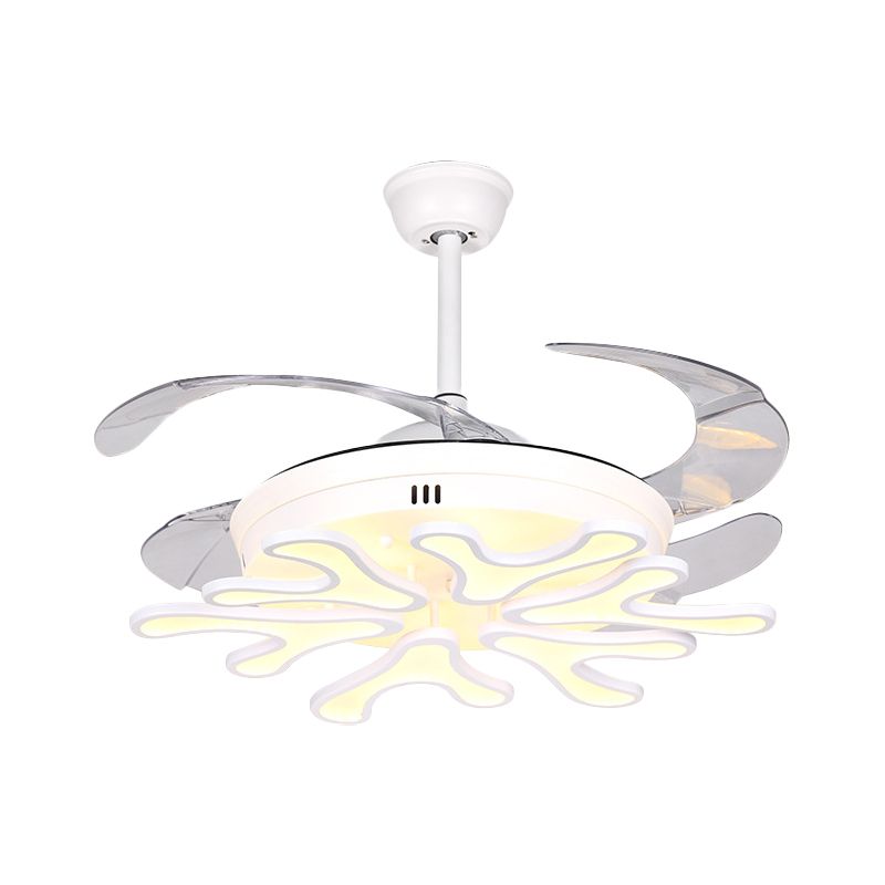 Zeitgenössische Bloom Anhänger Lächer Lampe Iron LED LED SEMI BUSH Deckenlicht mit 4 klaren Klingen in Weiß, 42 "Breite