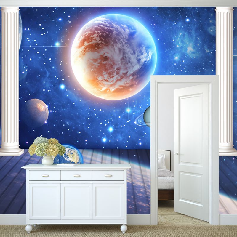 Blue Column and Galaxy Mural Stain-Resistant Wall Art for Office Room Decoration