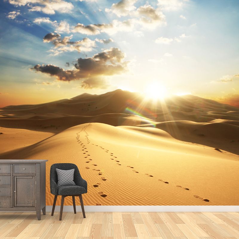 Desert with Footprint Wall Mural Modern Beautiful Wild Landscape Wall Decor in Yellow