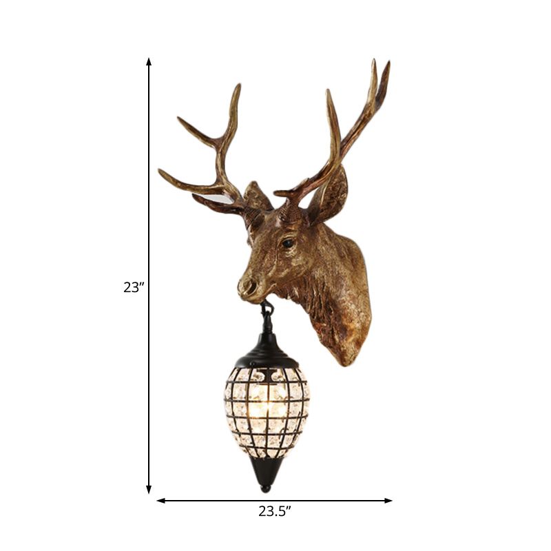 Farmhouse Deer Head Wall Lamp Single-Bulb Resin Sconce Lighting in Brown/Gold with Crystal Shade