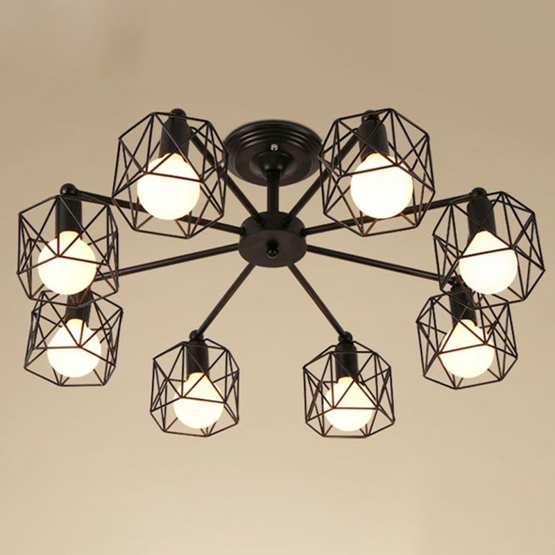 8 Bulbs Chandelier Lighting Retro Style Radial Iron Pendant Light in Black for Barbershop