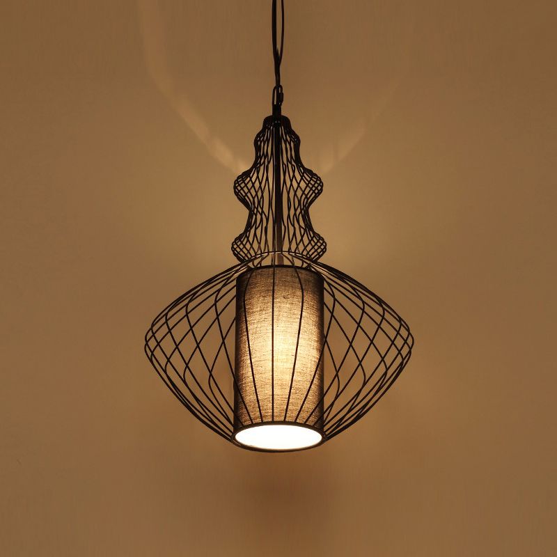 Pendante per lantenna in tessuto in gabbia retrò sala da pranzo a 1 luce appesa alla luce in nero