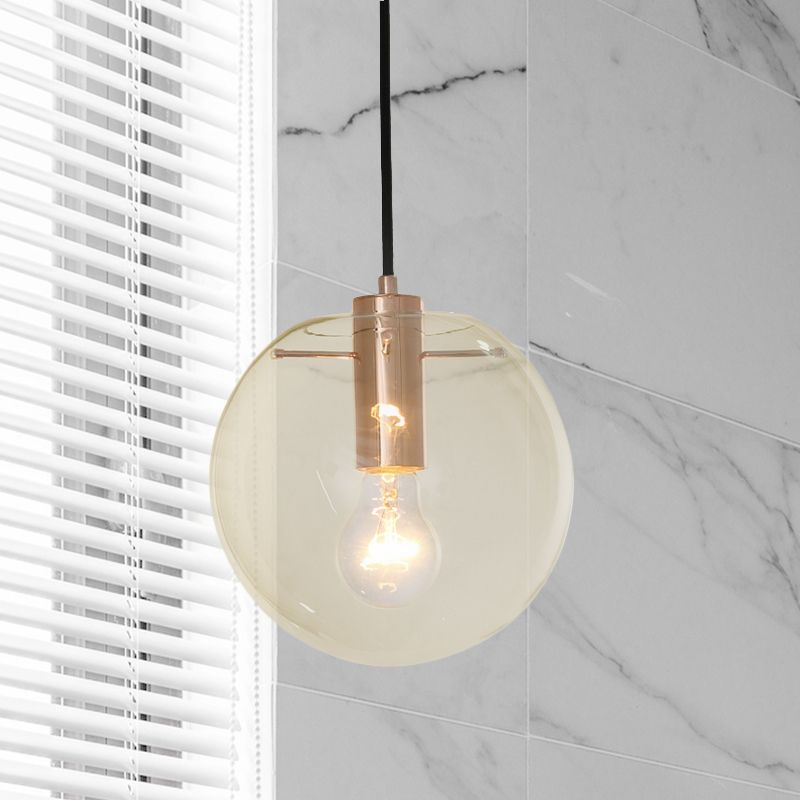 Clear/Amber Glass Round Pendant Light Contemporary 1 Light Hanging Ceiling Lamp in Rose Gold