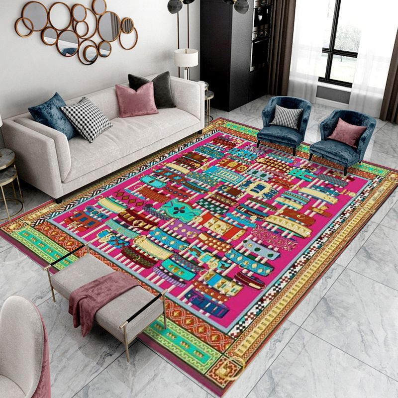 Wine Red Bohemian Rug Polyester Graphic Rug Non-Slip Backing Rug for Home Decoration