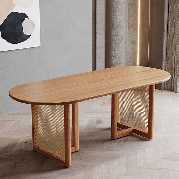 Contemporary Khaki Standard Dining Table Solid Wood Kitchen Dining Table with Double Pedestal Base